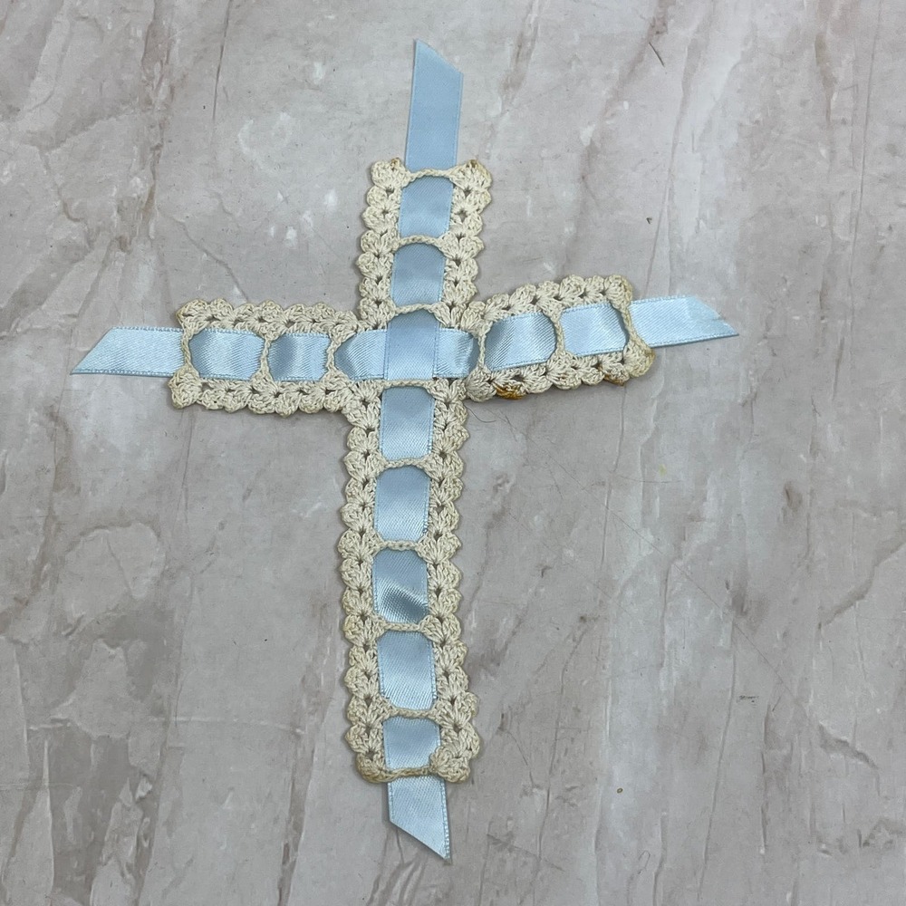 Vintage/Antique Blue Satin Ribbon and Cream Thread Bible Bookmark TG8-VV
